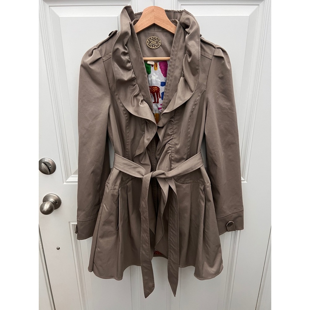 Anthropologie Idra‎ Ruffle Collar Trench Coat Taupe Animal Print Lining Size 8